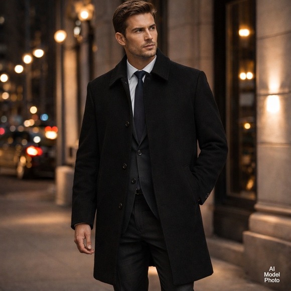 Jos. A. Bank Black Wool‎ Overcoat Men's 44L Minimalist Classic Tailored Coat
